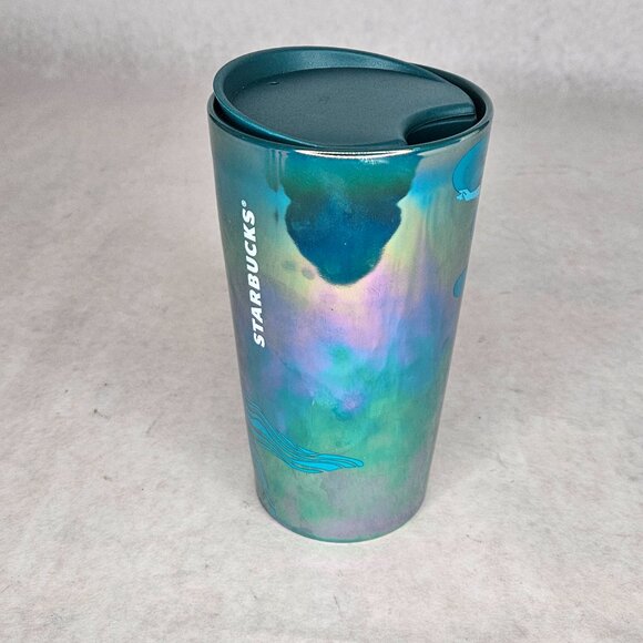 Starbucks Blue Green Siren Logo Iridescent Mermaid Ceramic Coffee Cup with Lid - Picture 4 of 8